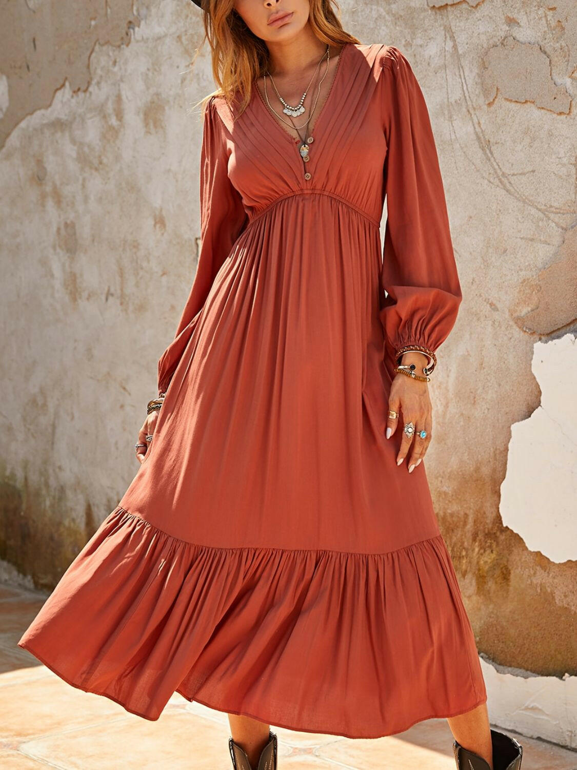 Collection of Ruched V-Neck Long Sleeve Midi Dress in a gallery layout