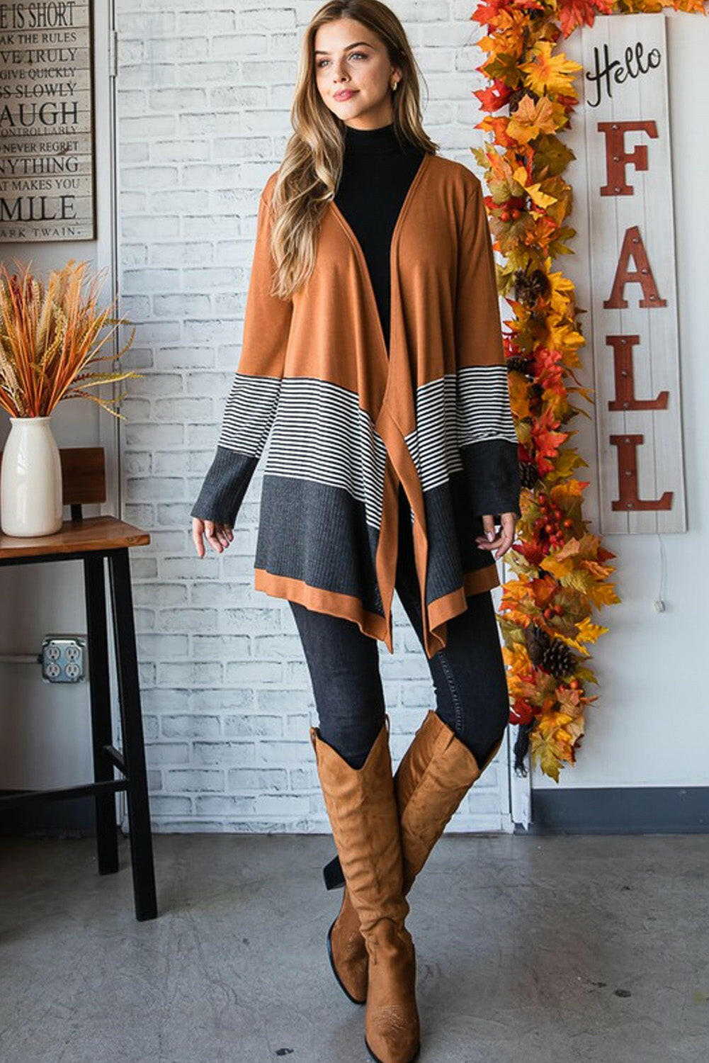 Orange Colorblock Striped Patchwork Open Cardigan