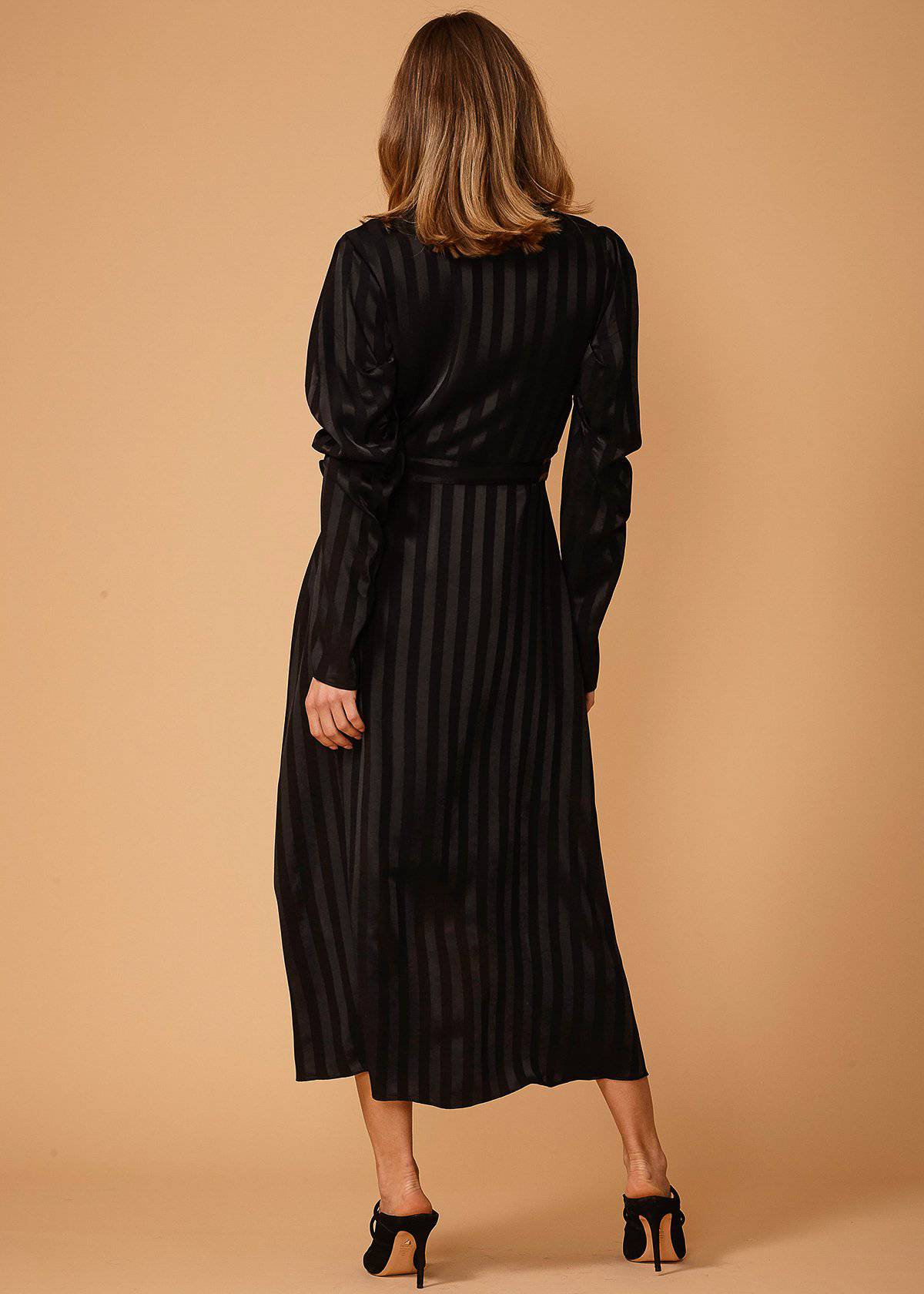 Collection of Women's Puffy Shoulder Dress in Black Stripe in a gallery layout