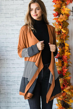 Collection of Orange Colorblock Striped Patchwork Open Cardigan in a gallery layout