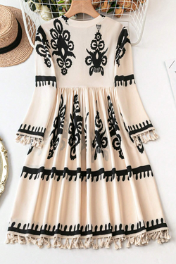 Collection of Beige Western Pattern Print Tasseled Notch V Neck Mini Dress in a gallery layout