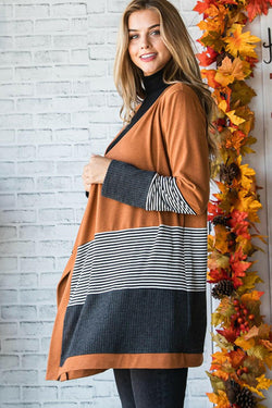 Collection of Orange Colorblock Striped Patchwork Open Cardigan in a gallery layout