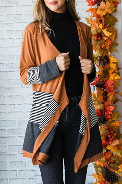 Collection of Orange Colorblock Striped Patchwork Open Cardigan in a gallery layout