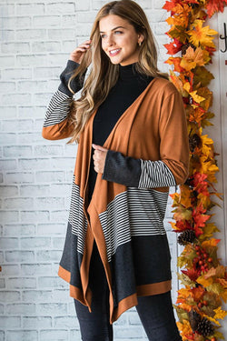 Collection of Orange Colorblock Striped Patchwork Open Cardigan in a gallery layout