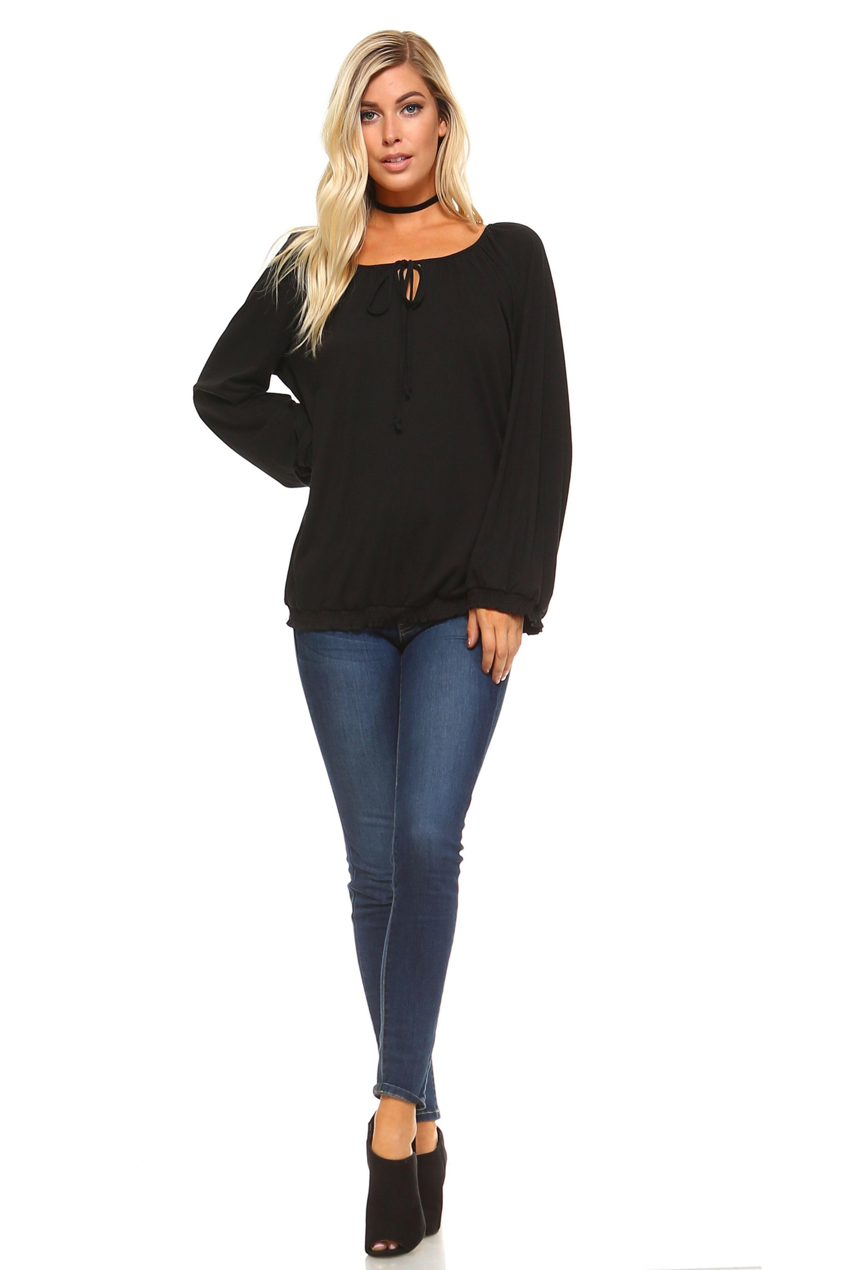 Collection of Women's Long Sleeve Solid Peasant Top in a gallery layout