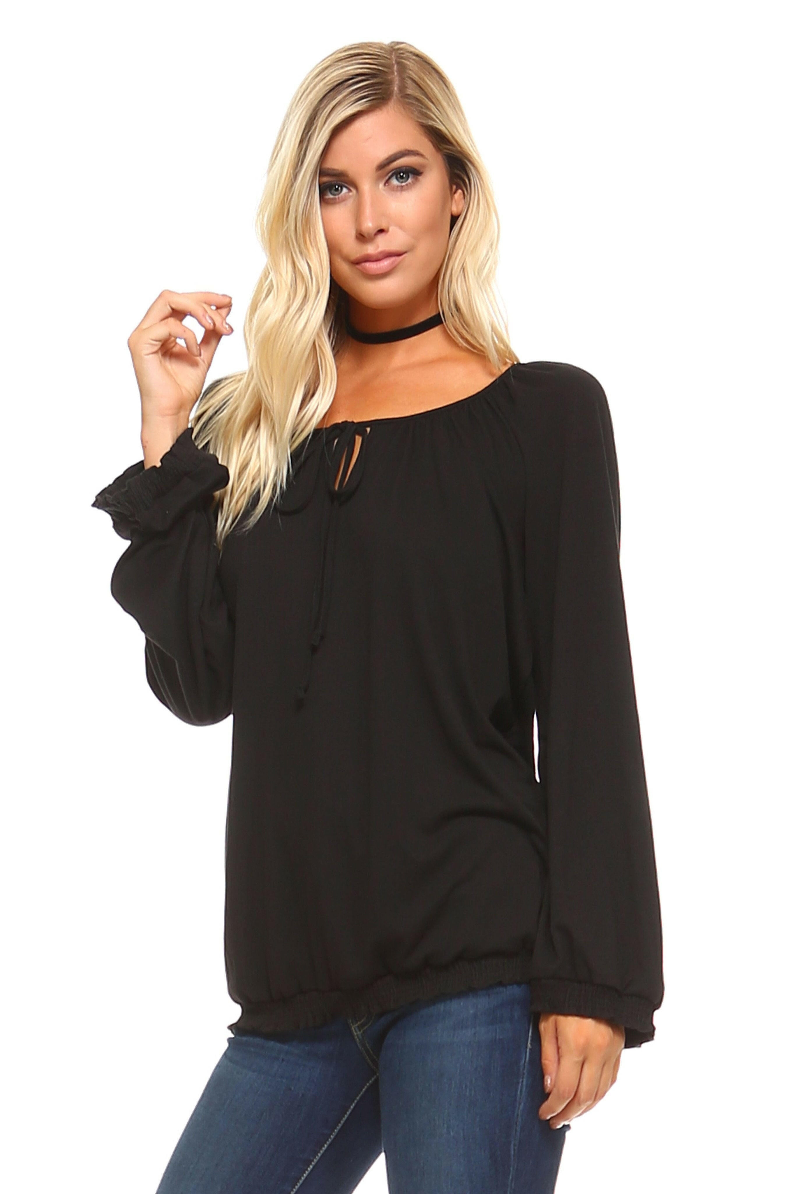 Collection of Women's Long Sleeve Solid Peasant Top in a gallery layout