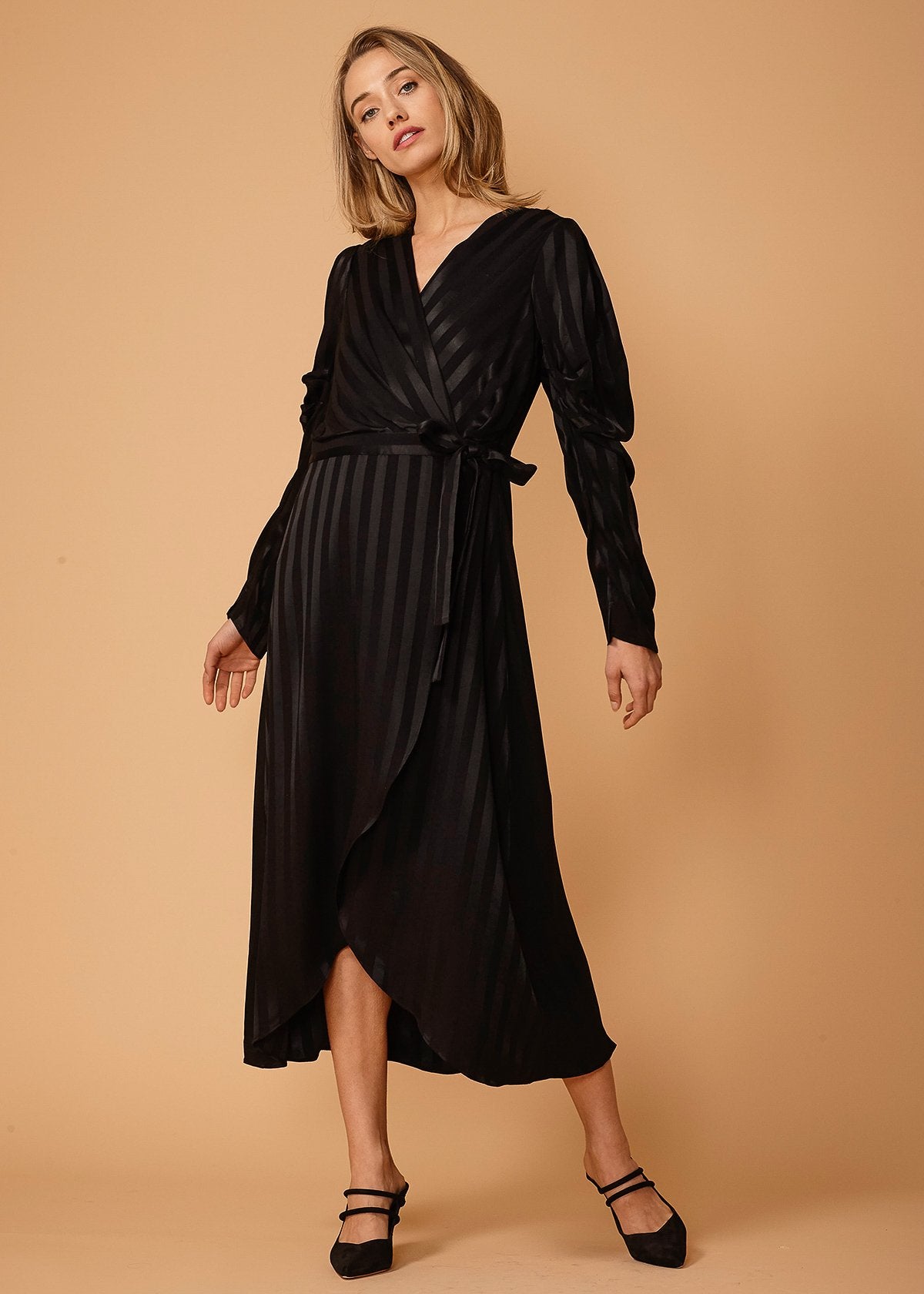 Collection of Women's Puffy Shoulder Dress in Black Stripe in a gallery layout