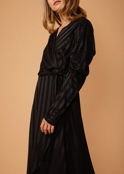 Collection of Women's Puffy Shoulder Dress in Black Stripe in a gallery layout