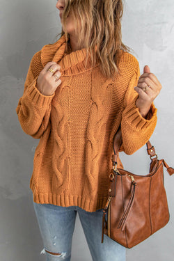 Collection of New Yellow Handmade Cable Knit Turtleneck Sweater in a gallery layout