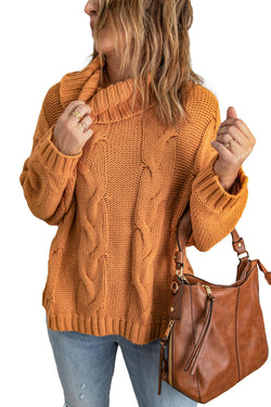 Collection of New Yellow Handmade Cable Knit Turtleneck Sweater in a gallery layout