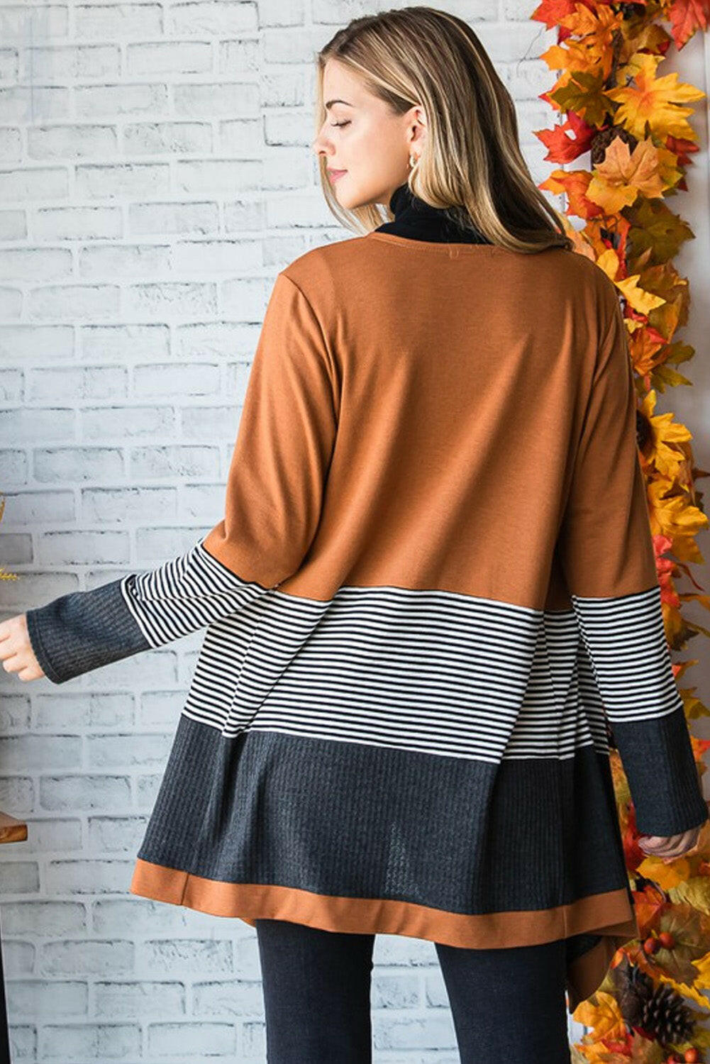 Collection of Orange Colorblock Striped Patchwork Open Cardigan in a gallery layout