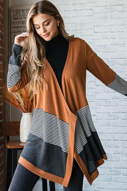 Collection of Orange Colorblock Striped Patchwork Open Cardigan in a gallery layout