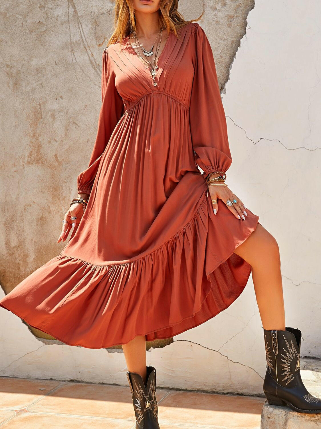 Collection of Ruched V-Neck Long Sleeve Midi Dress in a gallery layout