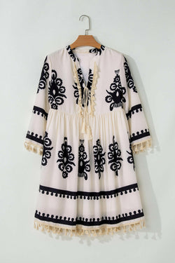 Collection of Beige Western Pattern Print Tasseled Notch V Neck Mini Dress in a gallery layout